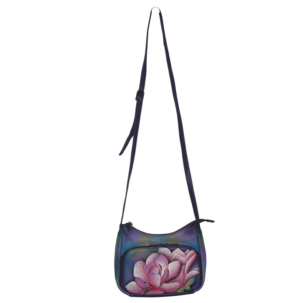 Anuschka Hand Painted Leather Crossbody Bag Purple Floral Magnolia Organizer